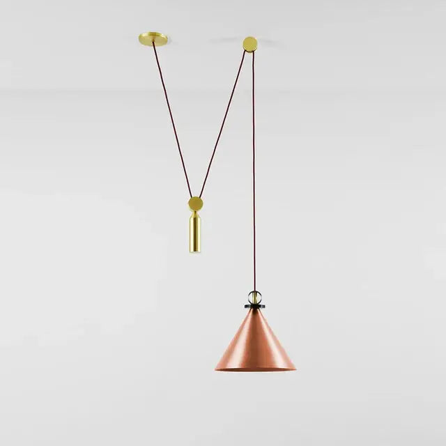 Modern geometric pendant light with copper conical shade and brass pull cord for dining room adjustable shape led use