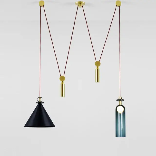 Modern geometric brass pendant light with black glass shades ideal as a dining room glass chandelier or adjustable shape led fixture
