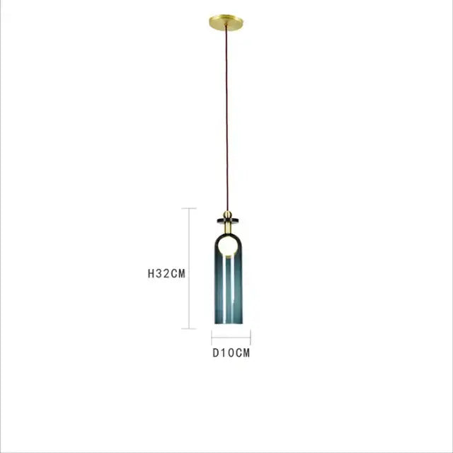 Modern geometric brass and black glass pendant light with a blue green gradient glass chandelier for dining room use