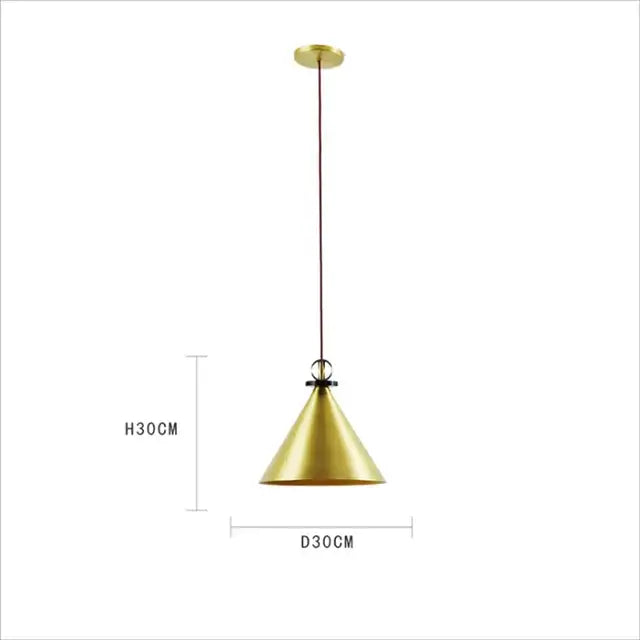 A sleek gold-toned conical pendant light with matte finish for dining room featuring brass and black glass chandelier elements