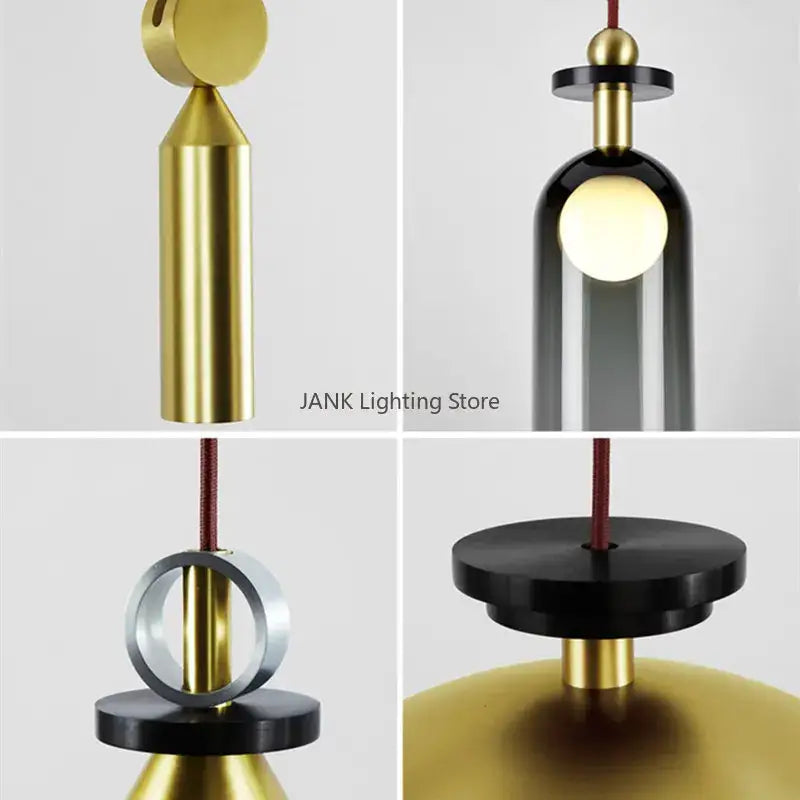 Modern pendant light with sleek cylindrical brass body and smoked glass shade for dining room glass chandelier
