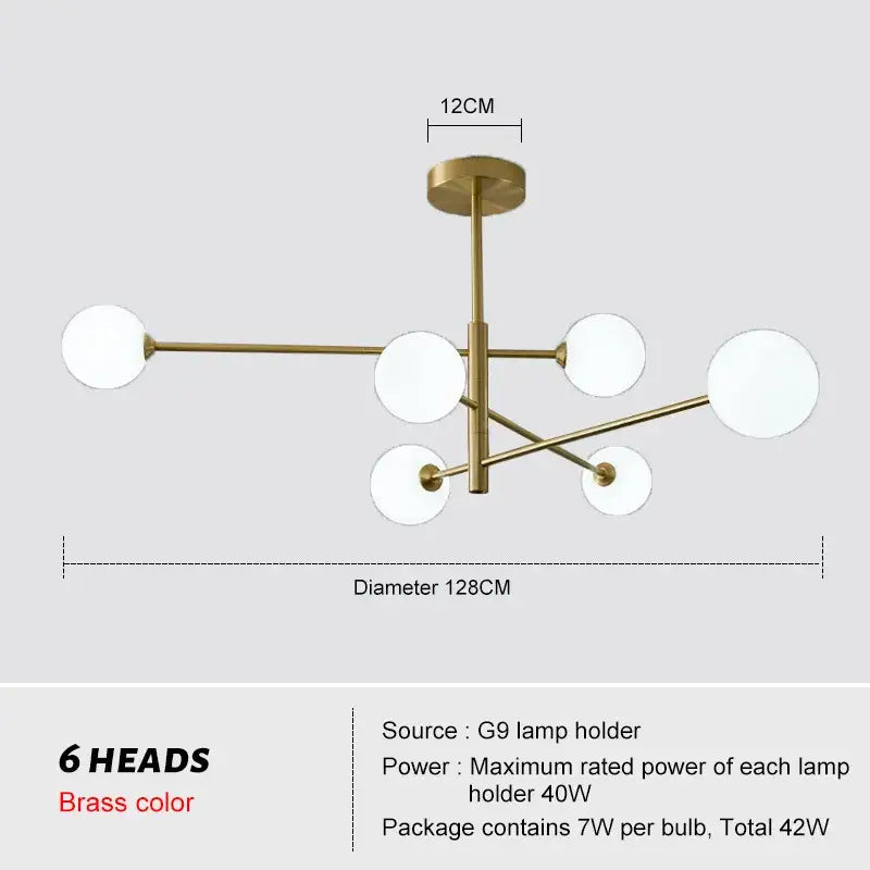 Modern geometric decorbites brass chandelier with six spherical frosted glass lamp heads for living room decor