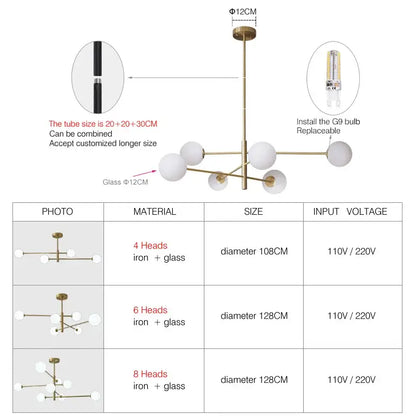Modern geometric decorbites brass chandelier with four spherical frosted glass globes for living room decor