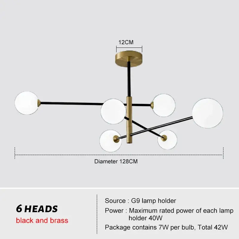 Modern geometric decorbites brass chandelier with six white frosted glass globes for living room decor