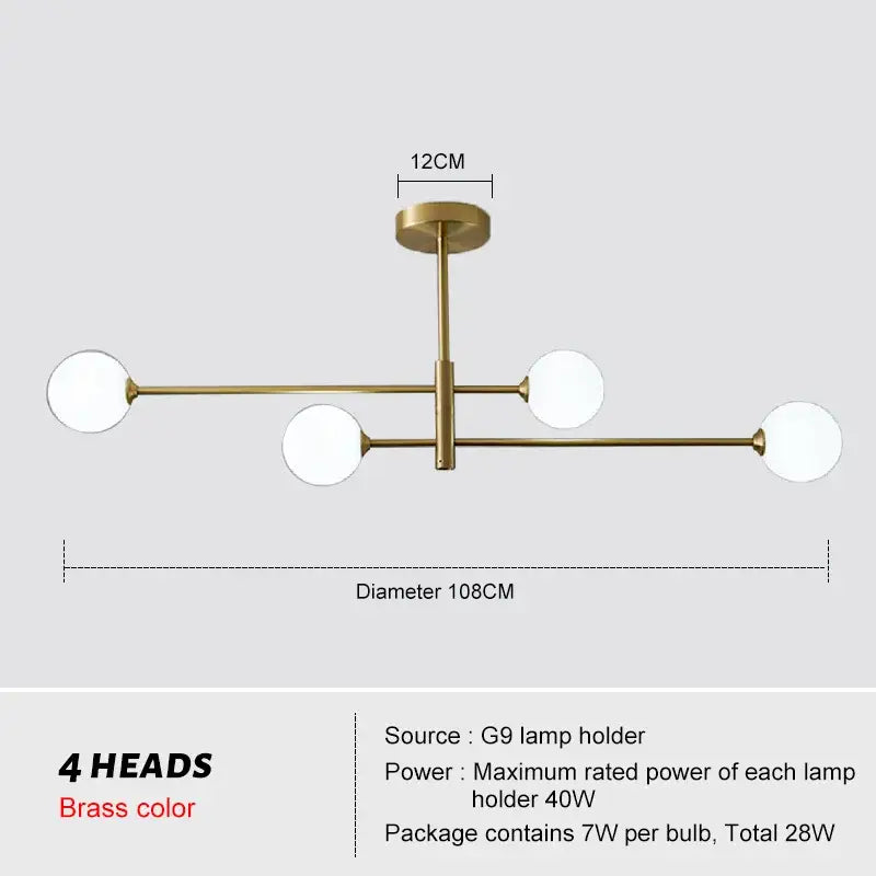 Modern geometric brass chandelier with four spherical frosted glass lamp heads in a decorbites brass chandelier design