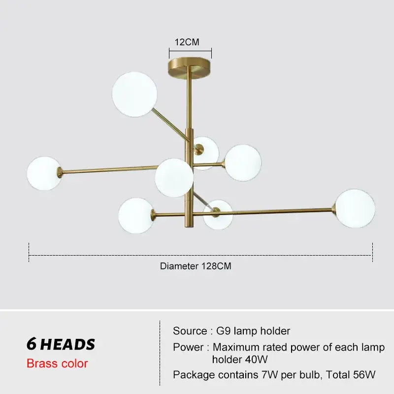 Modern geometric decorbites brass chandelier with six spherical frosted glass lamp heads for living room decor