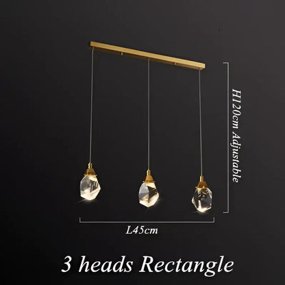 Modern geometric brass diamond crystal led chandelier with gold-toned rectangular frame and three pendant lights for dining room
