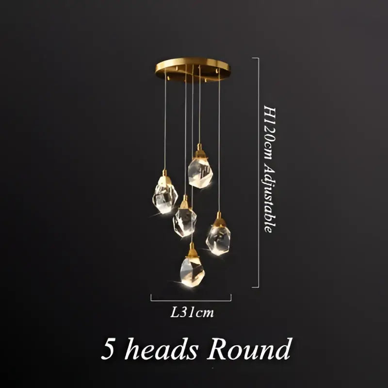 Modern geometric brass diamond crystal led chandelier with gold-toned pendant light and five dangling crystal pendants
