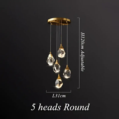 Modern geometric brass diamond crystal led chandelier with gold-toned pendant light and five dangling crystal pendants