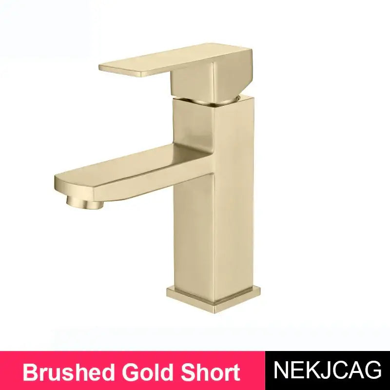 Modern geometric brushed gold basin faucet with short spout and decorbites brushed gold finish for bathroom sink