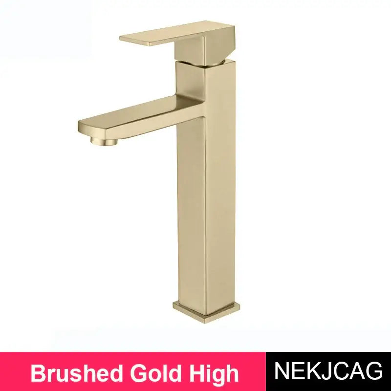 Modern geometric brushed gold basin faucet featuring a high-rise minimalist design by decorbites brushed gold