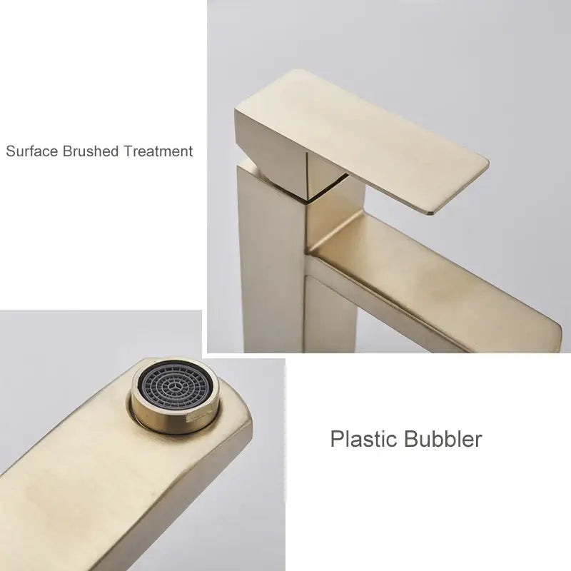 Modern geometric brushed gold basin faucet with sleek rectangular design and plastic bubbler head decorbites brushed gold