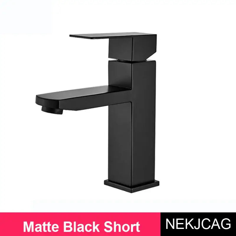 Matte black short basin faucet with modern geometric design complements decorbites brushed gold bathroom decor