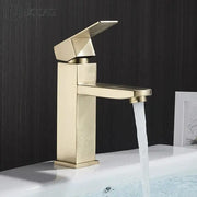 Modern geometric brushed gold basin faucet with angular design and brushed metal finish by decorbites brushed gold