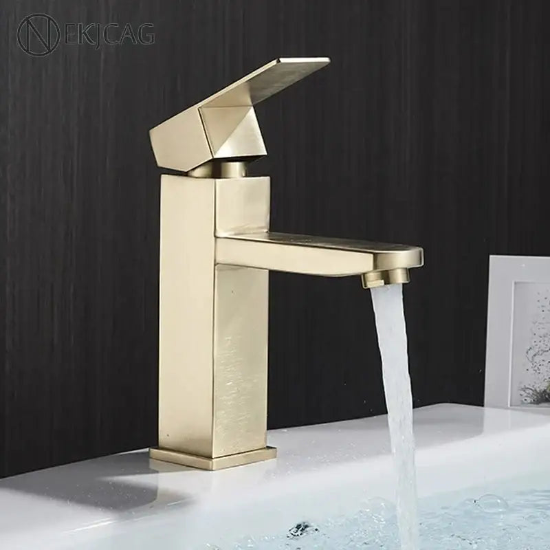 Modern geometric brushed gold basin faucet with angular design and brushed metal finish by decorbites brushed gold