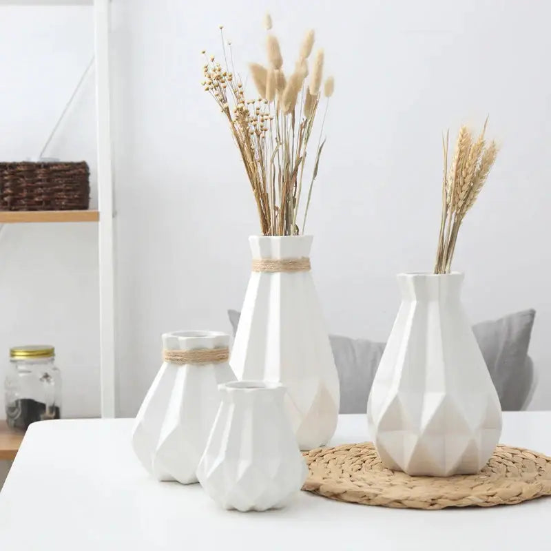 Modern geometric decorbites ceramic diamond vase set features white ceramic faceted vases with twine bands for decor
