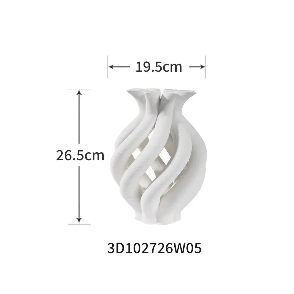 A sleek white ceramic spiral vase with a twisted geometric ceramic design for decorbites living room decor