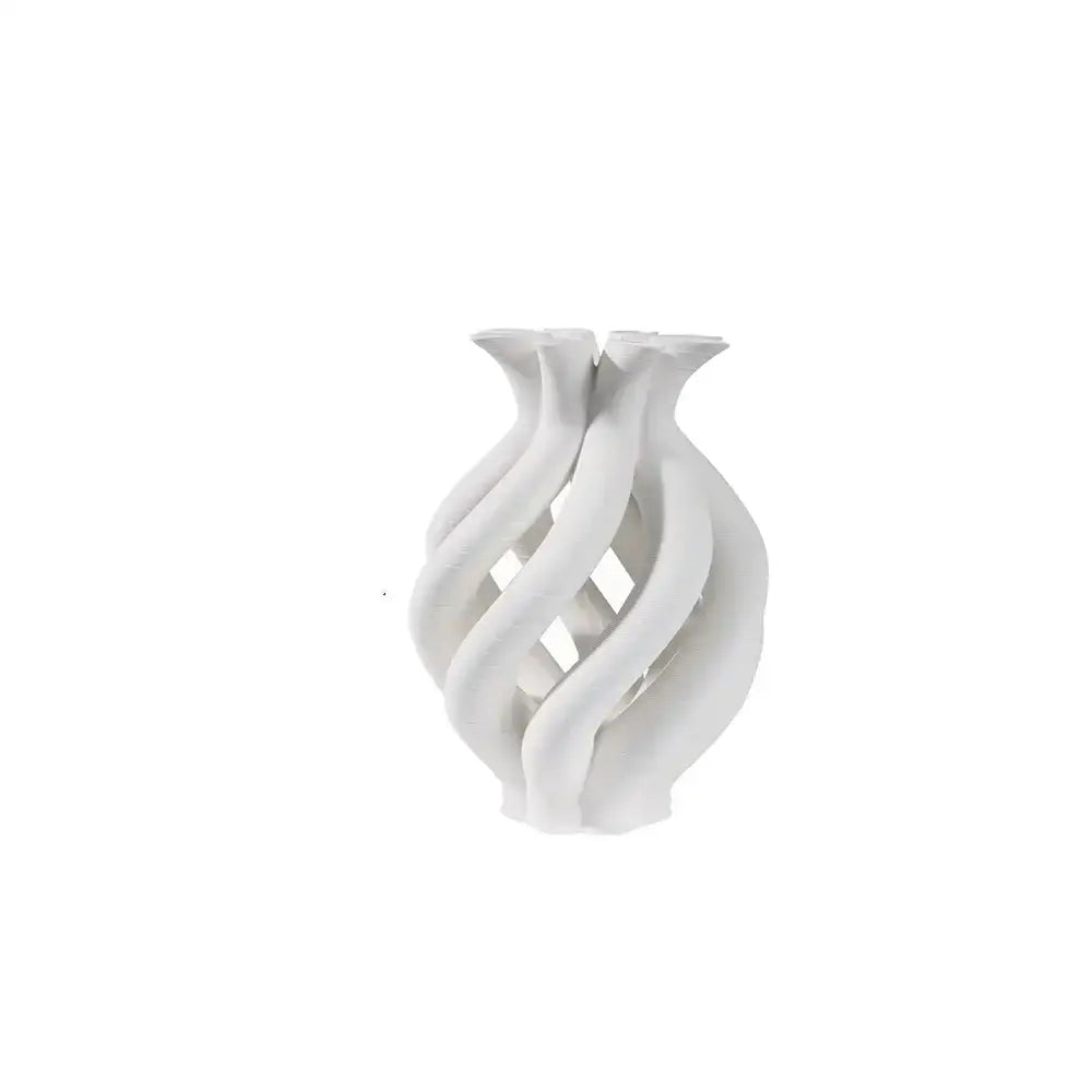 A sleek white decorbites geometric ceramic spiral vase with three necks and open lattice for modern living room decor
