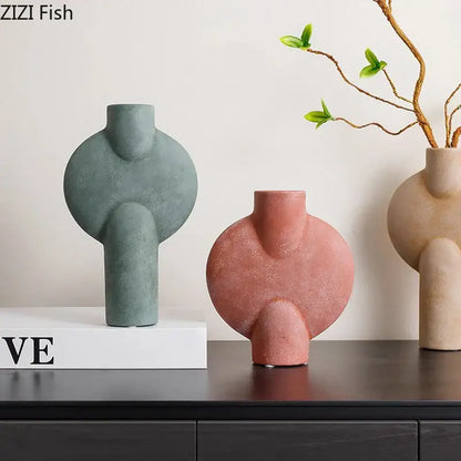 Modern geometric ceramic vase set of 3 with muted green terracotta and beige decorbites geometric ceramic vases