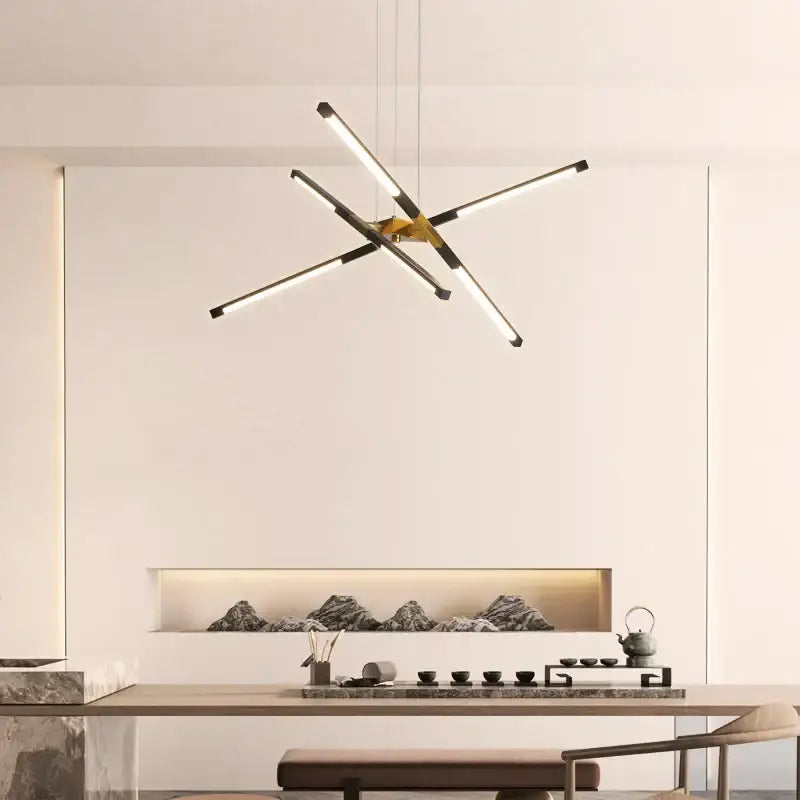 Modern geometric chrome and gold dimmable led ceiling light with intersecting rods for dining room decorbites dimmable led
