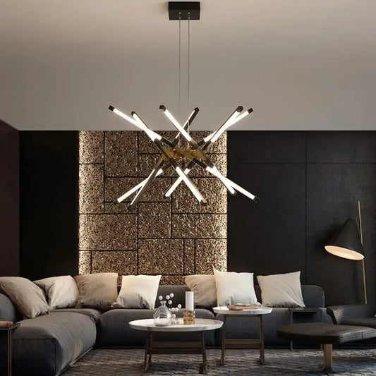 Modern geometric chrome and gold dimmable led ceiling light with intersecting rods for dining room decorbites dimmable led