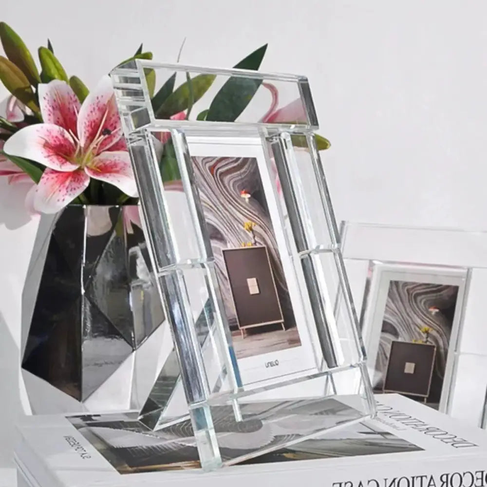 Modern geometric clear crystal glass cube photo frame with reflective surfaces for decorbites crystal glass decor