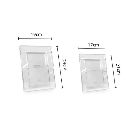 Modern geometric clear acrylic photo frame with precise dimensions featuring decorbites crystal glass cube design for living room decor