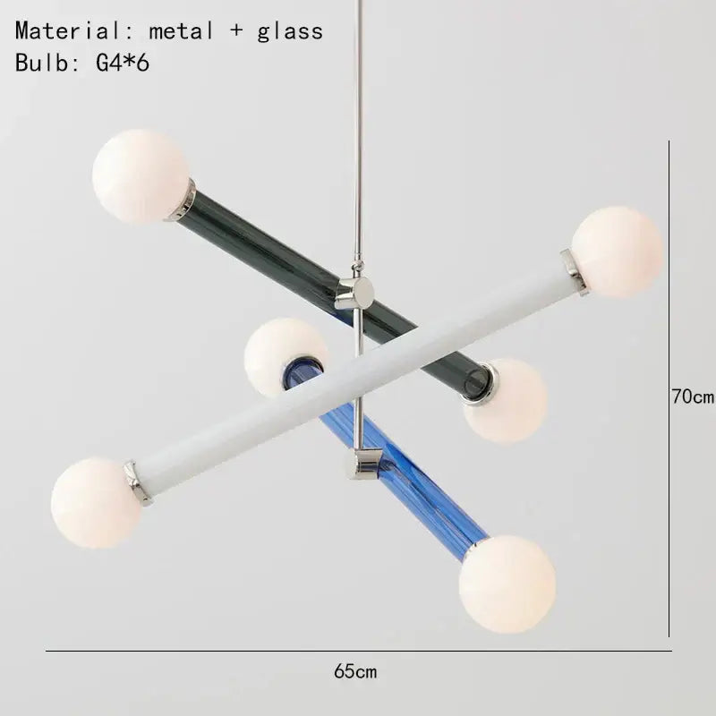 Modern geometric colorful chandelier with intersecting black white and blue glass rods and six frosted globe bulbs decorbites colorful chandelier