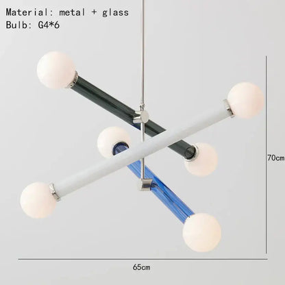 Modern geometric colorful chandelier with intersecting black white and blue glass rods and six frosted globe bulbs decorbites colorful chandelier