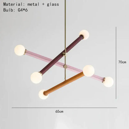 Modern geometric colorful chandelier art deco with matte burgundy, blush pink, warm wood rods and frosted globe bulbs