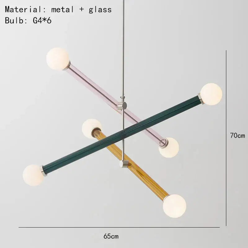 Modern geometric colorful chandelier art deco with six glass bulbs and intersecting matte green, pink, and wood arms for dining room decorbites colorful chandelier