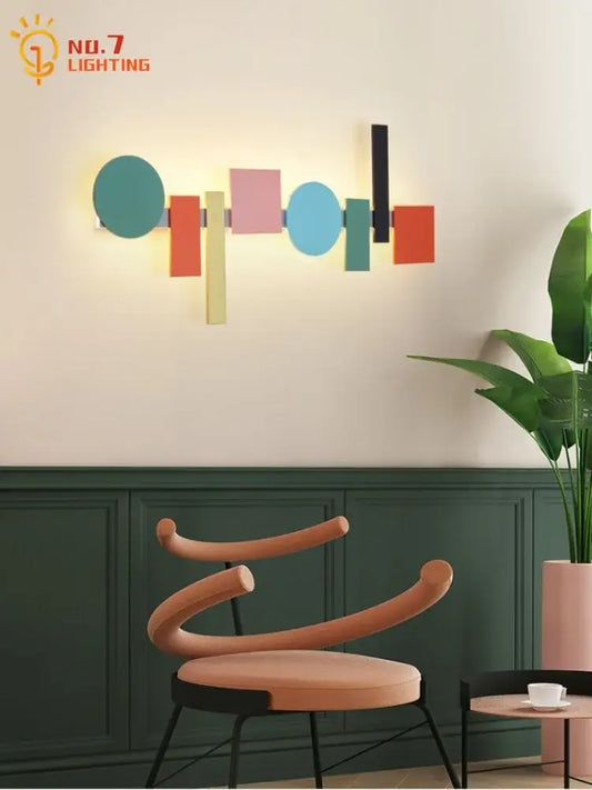 Modern geometric colorful led acrylic iron wall lamp with teal pink orange green black and beige panels for bedroom decorbites colorful led