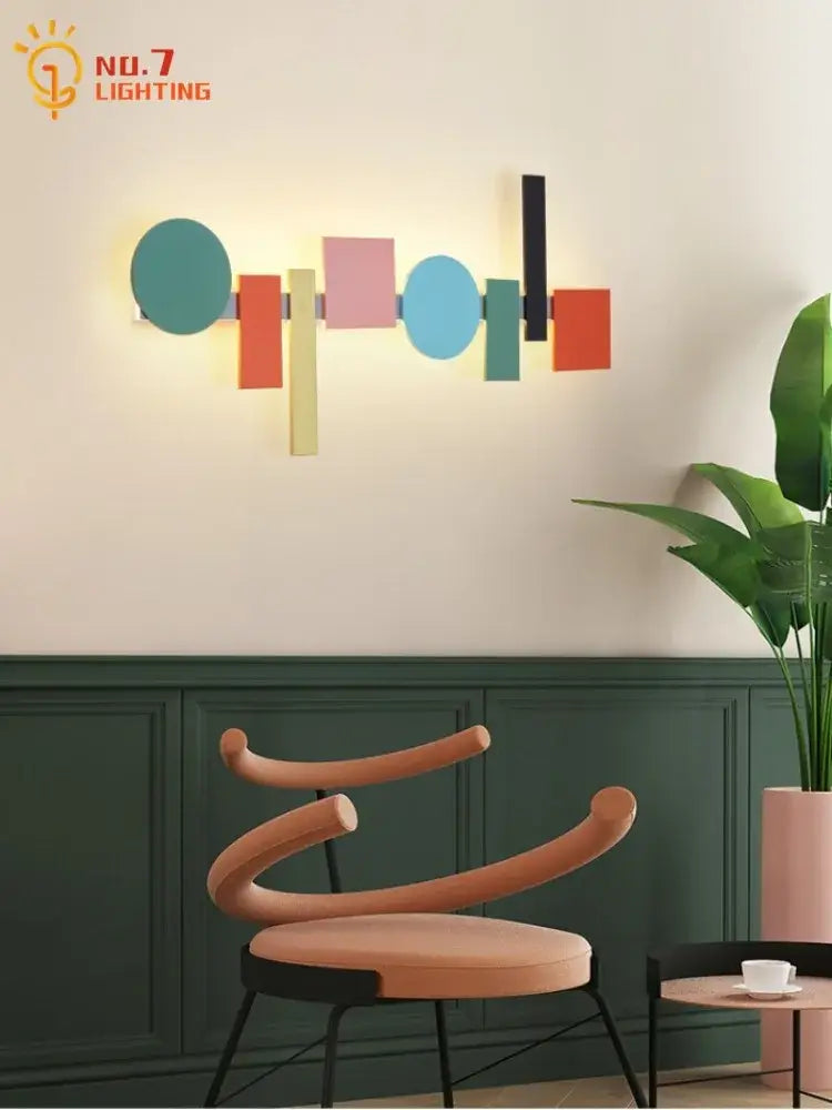 Modern geometric colorful led acrylic iron wall lamp with teal pink orange green black and beige panels for bedroom decorbites colorful led