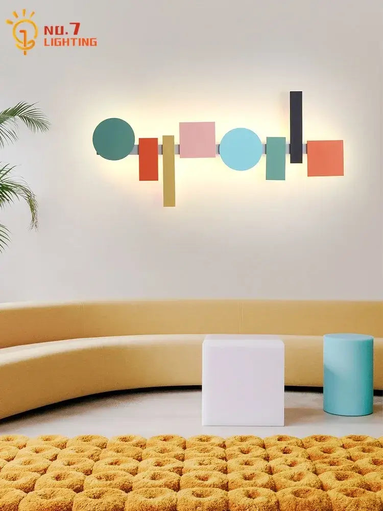 Modern geometric colorful led acrylic iron wall lamp with teal pink orange yellow and black panels for bedroom decorbites colorful led