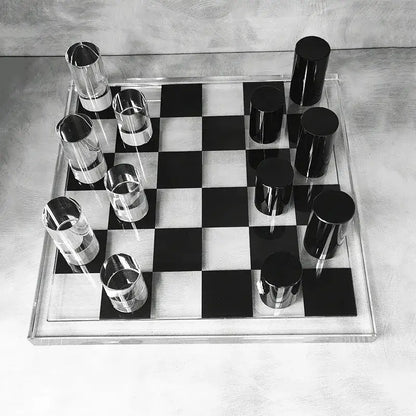 Modern geometric crystal chess set with clear acrylic board and cylindrical black and transparent pieces for living room decorbites geometric crystal decor
