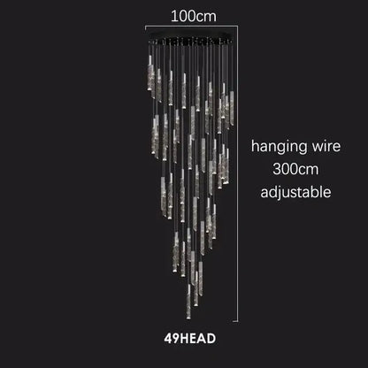 A modern black decorbites crystal chrome led chandelier with 49 crystal rods, adjustable to 300cm for living room decor