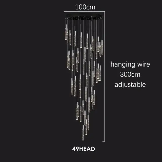A modern black decorbites crystal chrome led chandelier with 49 crystal rods, adjustable to 300cm for living room decor