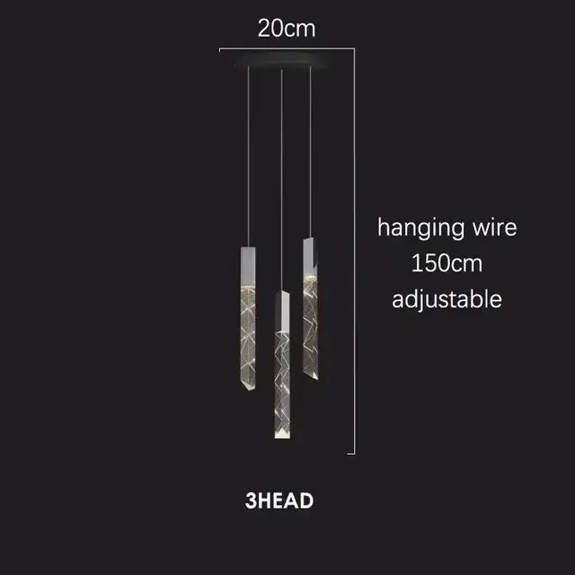 Modern geometric crystal chrome led chandelier featuring three sleek cylindrical glass shades with warm led illumination