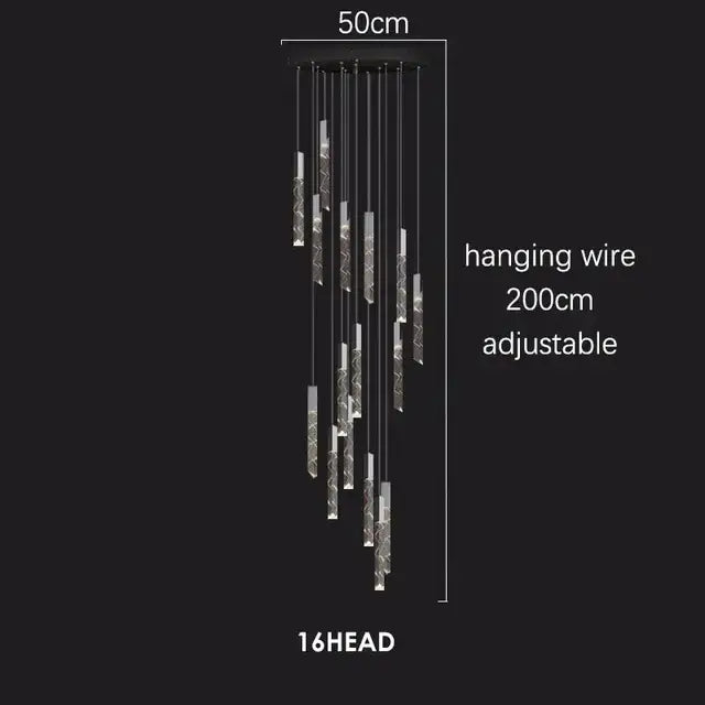 Modern geometric crystal chrome led chandelier with 16 slender silver-toned glass rods and adjustable black wires by decorbites crystal chrome
