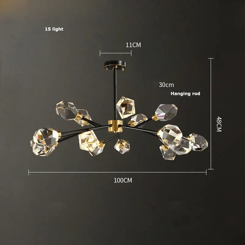 Modern geometric crystal copper black led chandelier with 15 crystal fixtures black metal arms and brass accent for dining room decorbites crystal copper