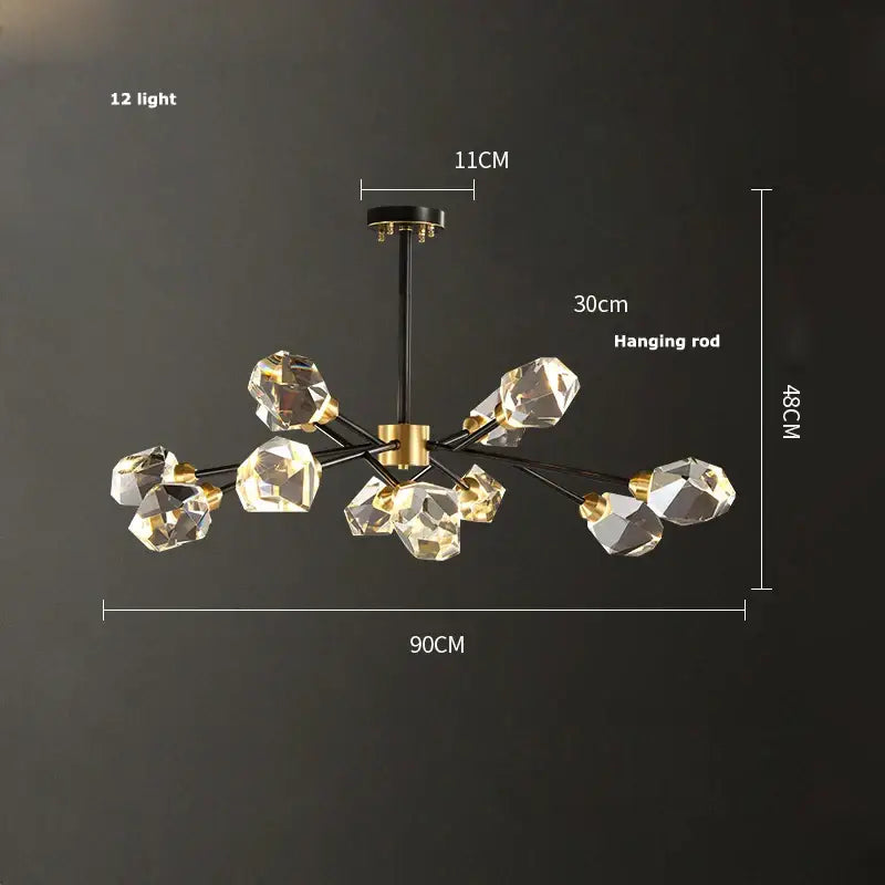 Modern geometric crystal copper black led chandelier with twelve faceted lights on black metal frame and gold accents