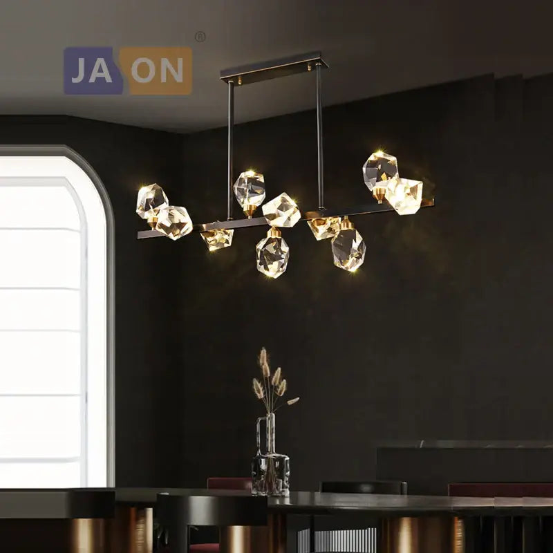Modern geometric crystal copper black led chandelier with faceted crystal pendants and sleek black metal frame for dining room