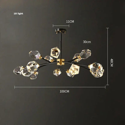 Modern geometric crystal copper black led chandelier with 18 illuminated facets and gold-toned decorbites crystal copper accents