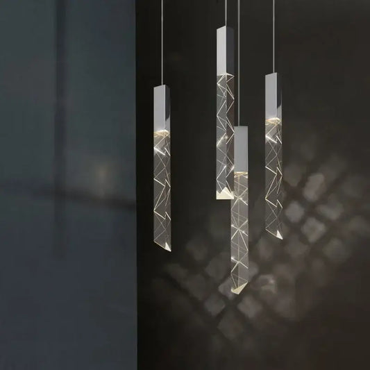 Modern geometric pendant light with clear acrylic crystal glass led body and silver caps for living room decorbites crystal glass