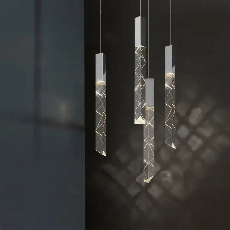 Modern geometric pendant light with clear acrylic crystal glass led body and silver caps for living room decorbites crystal glass