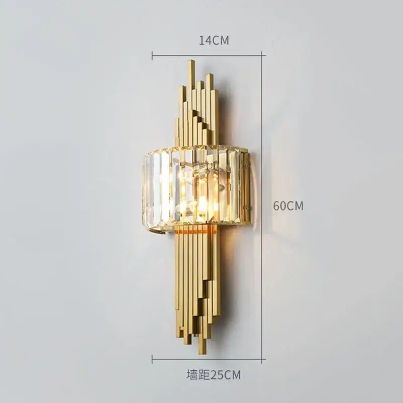 Modern geometric crystal gold wall lamp featuring gold-toned brass bars and a central crystal ring for living room decorbites crystal gold wall