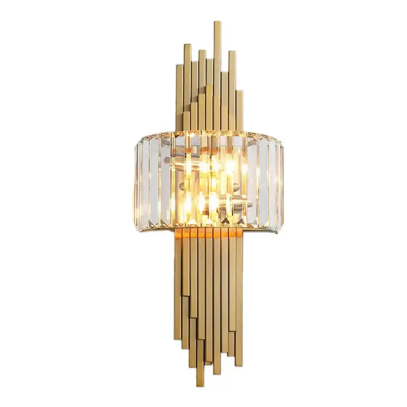 Modern geometric crystal gold wall lamp with vertical brass bars and central crystal cylinder for living room decorbites crystal gold wall lamp