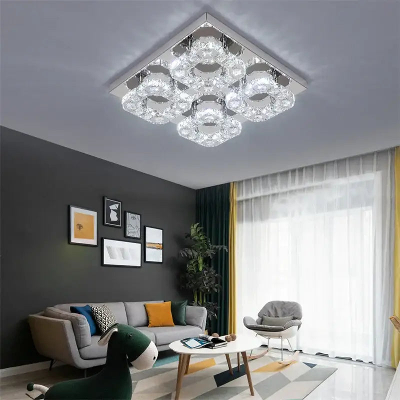 Modern geometric crystal smart led chandelier ceiling light with clear faceted glass and chrome frame for living room decorbites smart led