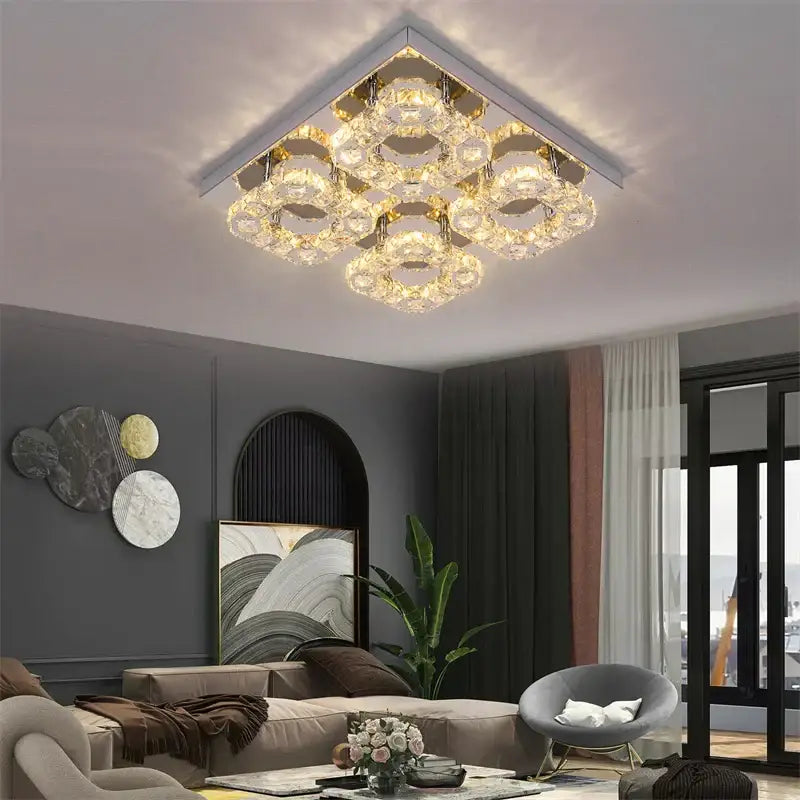 Modern geometric crystal smart led chandelier with gold-toned metal and circular glass elements for living room ceiling light decorbites smart led