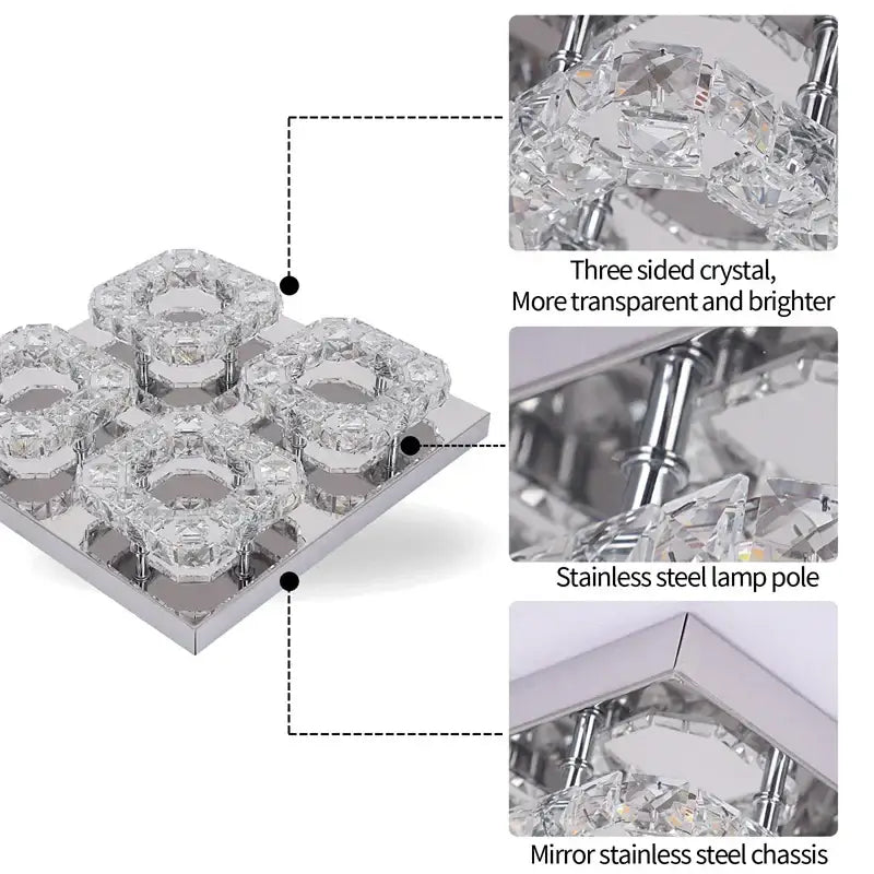 Modern geometric crystal smart led chandelier with transparent crystal accents and mirror stainless steel chassis ceiling light